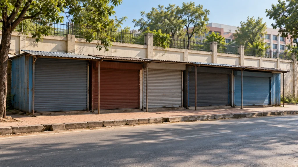 AI-generated editorial illustration of an empty row of plain tin-shed roadside stalls with their shutters down, next to a college boundary wall on a quiet afternoon; not an incident photograph.