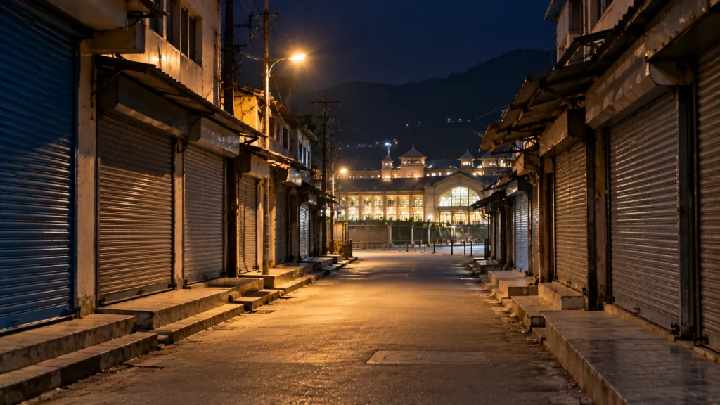 AI-generated editorial illustration of a narrow empty market lane of closed shop shutters at night under a single street light, with a station building glow far behind; not an incident photograph.