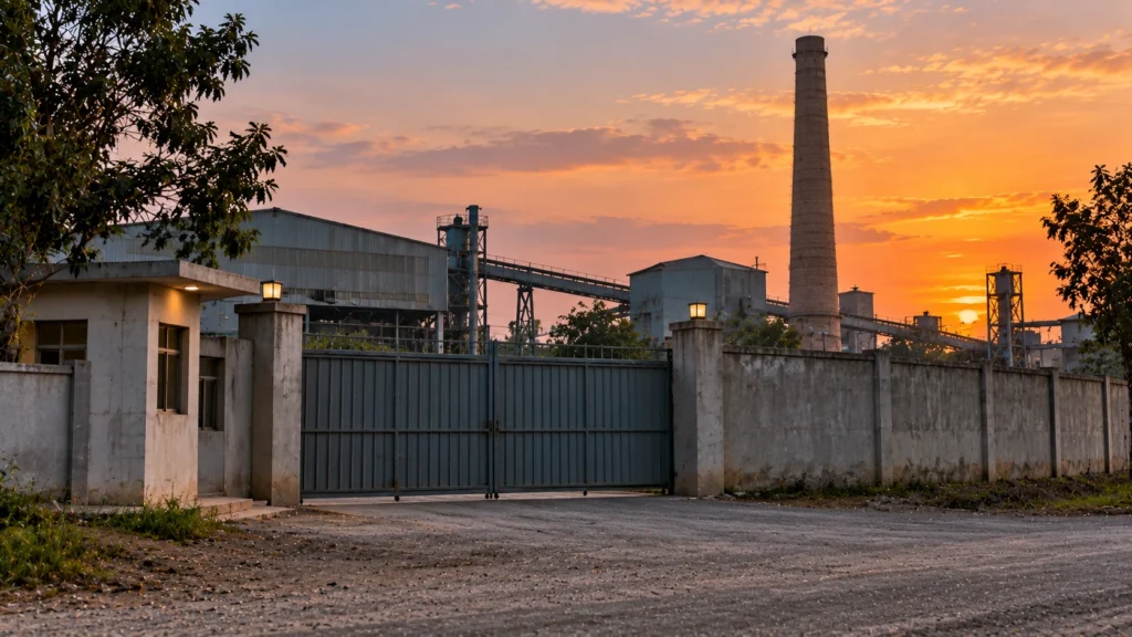 AI-generated editorial illustration of the closed steel gate and plain boundary wall of an Indian steel plant at dusk, with a tall plain brick chimney behind the wall under a warm evening sky; not an incident photograph.
