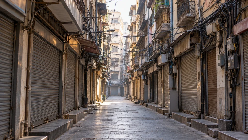 AI-generated editorial illustration of a narrow old Mumbai market lane in the early morning, with closed shop shutters, balconies and dense overhead cables; nothing is burning; not an incident photograph.