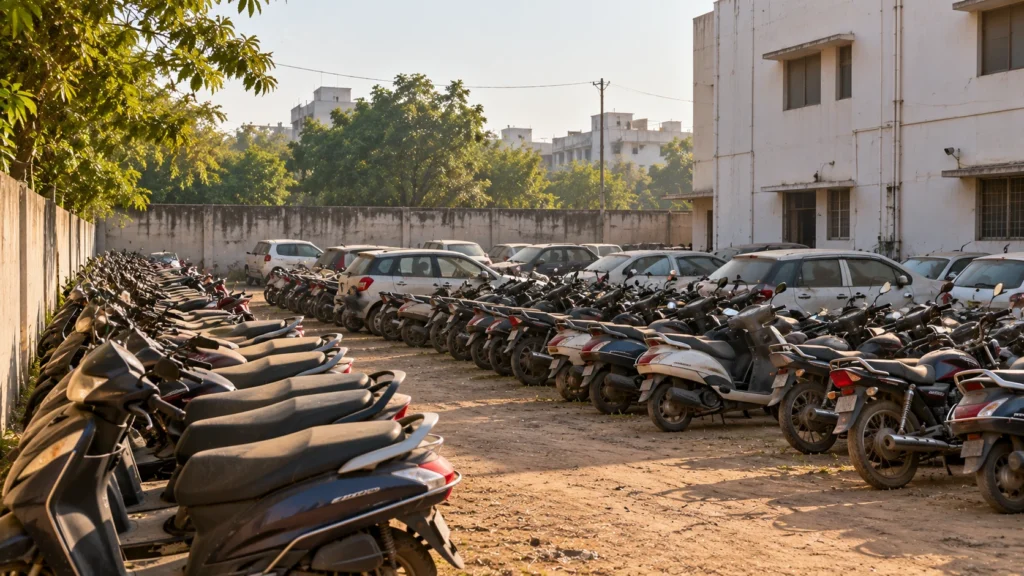 AI-generated editorial illustration of an empty open yard behind a plain government building, with rows of unmarked parked two-wheelers and cars under a hazy afternoon sky; not an incident photograph.