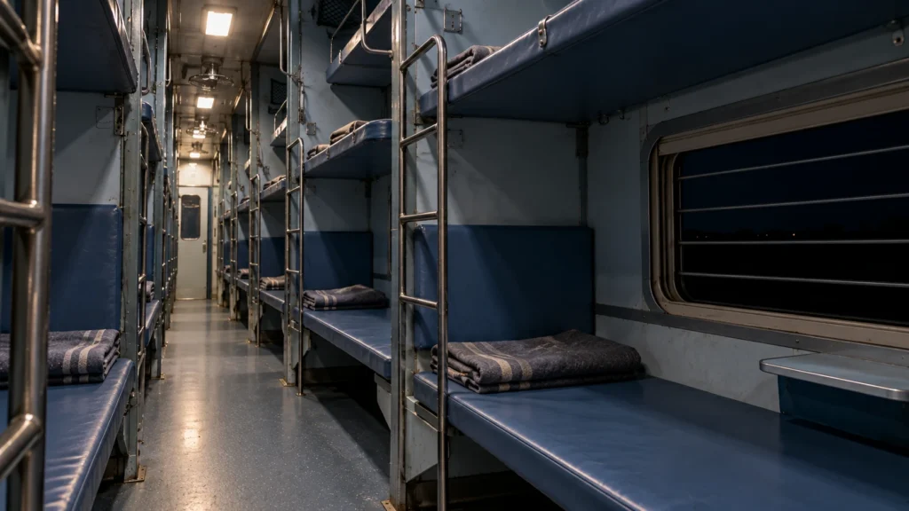 AI-generated editorial illustration of an empty sleeper-class train coach at night, with bare berths, folded blankets and a closed window; not an incident photograph.