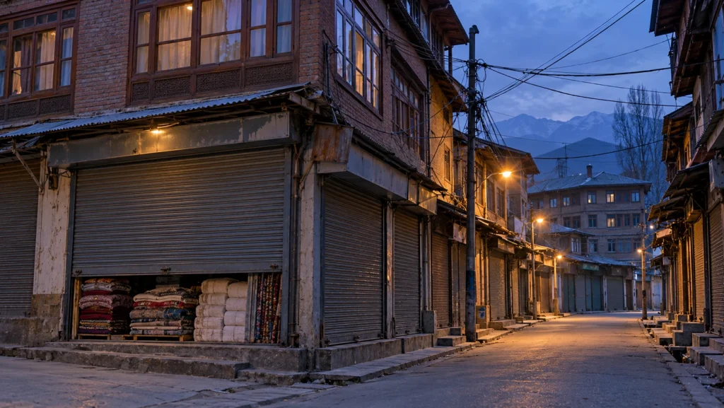 AI-generated editorial illustration of a quiet Srinagar lane at dusk with a shuttered three-storey brick-and-timber commercial building and folded blankets visible behind a closed shopfront shutter; not an incident photograph.