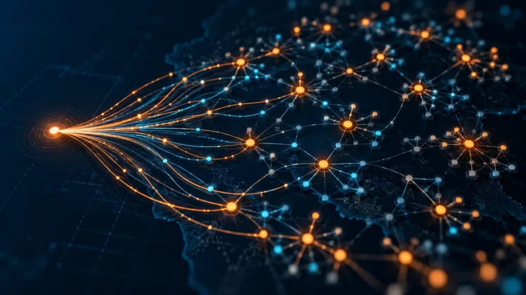 AI-generated editorial illustration of abstract glowing lines linking many small account nodes across a dark navy map-like field; not an incident photograph.