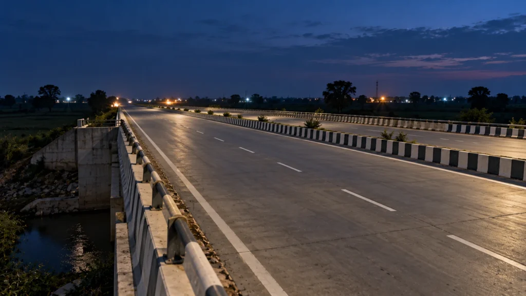 AI-generated editorial illustration of an empty four-lane highway at night with a concrete culvert and its central divider lit by a few roadside lights; no vehicles or people; not an incident photograph.