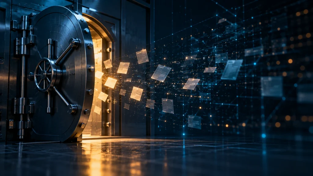 AI-generated editorial illustration of a glass bank vault door with a few small glowing paper tags drifting out of it into a dark digital space; no people, no text; not an incident photograph.