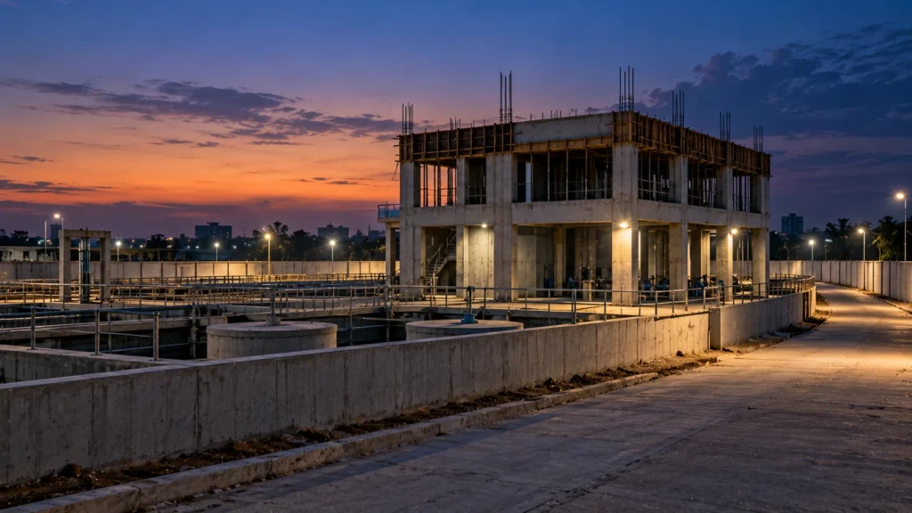 AI-generated editorial illustration of an empty municipal sewage treatment plant construction site at dusk, with an unfinished concrete pump house, open hatches behind barriers and a quiet perimeter road; no people or vehicles; not an incident photograph.