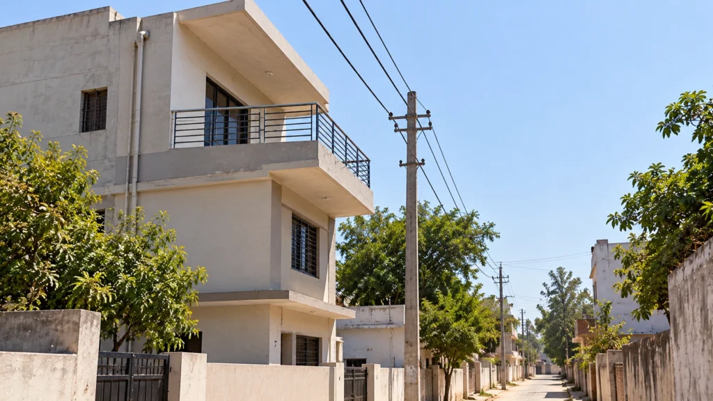 AI-generated editorial illustration of an empty small-town lane at midday with a plain three-storey residential building whose balcony faces overhead power lines; no people or vehicles; not an incident photograph.