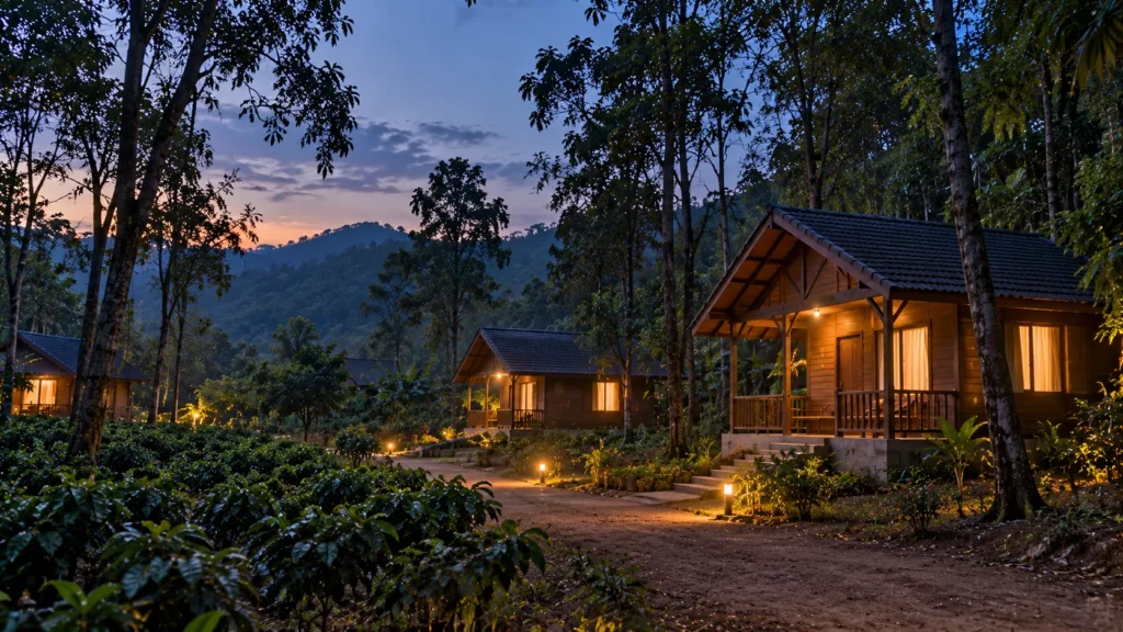 AI-generated editorial illustration of an empty forest clearing at dusk with a few plain, intact wooden cottages among tall trees; no people, vehicles, signs, flames or smoke; a generic scene, not a photograph of the resort or of the incident.