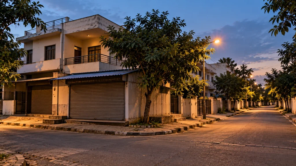 AI-generated editorial illustration of an empty residential street corner in south-west Bengaluru at dusk, with a plain closed roadside stall front and its shutter down; no people, vehicles or signs; not an incident photograph.