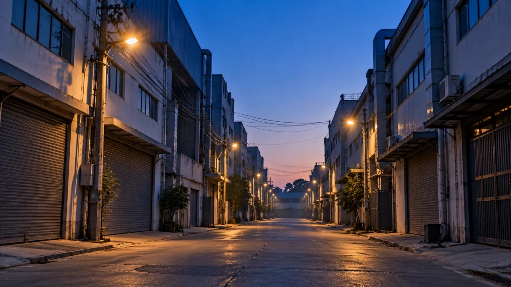 AI-generated editorial illustration of an empty industrial lane in a Delhi industrial area at pre-dawn blue light with plain closed factory shutters; no people, vehicles, text, signs, smoke or flames; not an incident photograph.