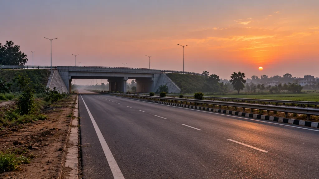 AI-generated editorial illustration of an empty divided highway with an underpass across flat farmland near Lucknow at dusk, with a light haze and a soil verge; no people, vehicles, signs or text; a generic scene, not a photograph of the spill or of Kisan Path.