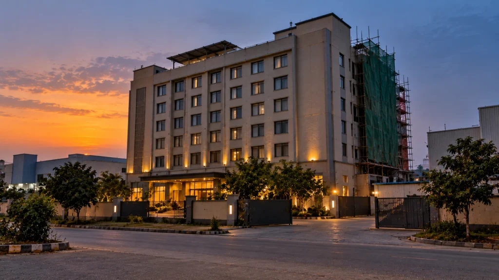 AI-generated editorial illustration of a plain mid-rise hotel building at dusk in an Indian industrial-area setting, with bamboo scaffolding on the rear wall and an empty forecourt; no people, vehicles, signs, flames or smoke; a generic building, not a photograph of the hotel or of the incident.