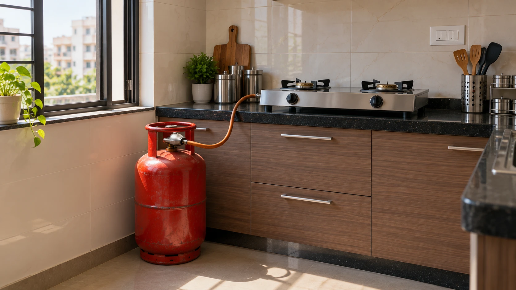 AI-generated editorial illustration of an empty home kitchen with a red LPG cylinder standing upright beside the counter, a gas stove with its knobs turned off and an open window letting in daylight; no people, flames, readable text or logos; not an incident photograph.