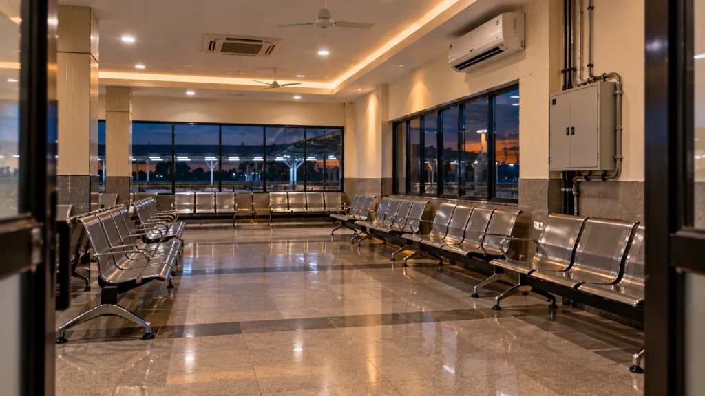 AI-generated editorial illustration of an empty air-conditioned railway station waiting hall in the evening, with rows of plain steel chairs, a wall panel and soft ceiling lights; no people, flames, smoke, signs or text; a generic scene, not a photograph of the station or of the incident.