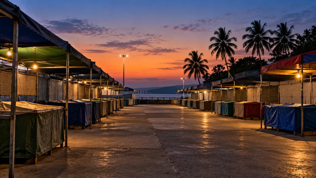 AI-generated editorial illustration of an empty weekly-market ground at dusk, with plain closed stalls in rows under a darkening sky; no people, flames, smoke, signs or text; a generic scene, not a photograph of the market or of the incident.