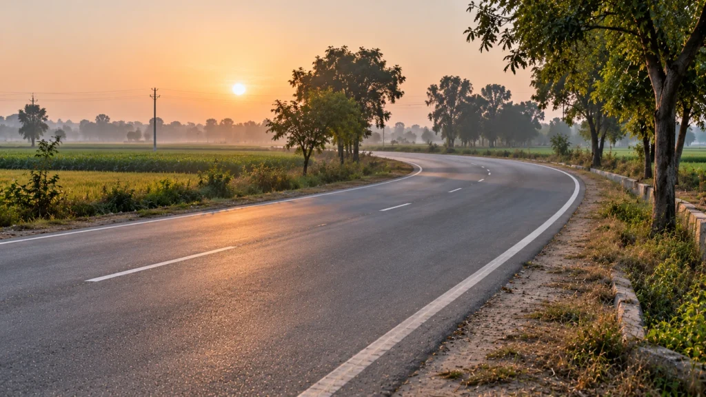 AI-generated editorial illustration of an empty rural road bend in western Uttar Pradesh on a quiet morning, with plain roadside trees and a shallow ditch edge beside the tarmac; no people, vehicles, signs or text; a generic scene, not a photograph of the crash site or of the incident.