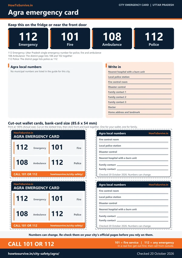Printable Agra emergency card: A4 sheet with national and local emergency numbers and cut-out wallet cards
