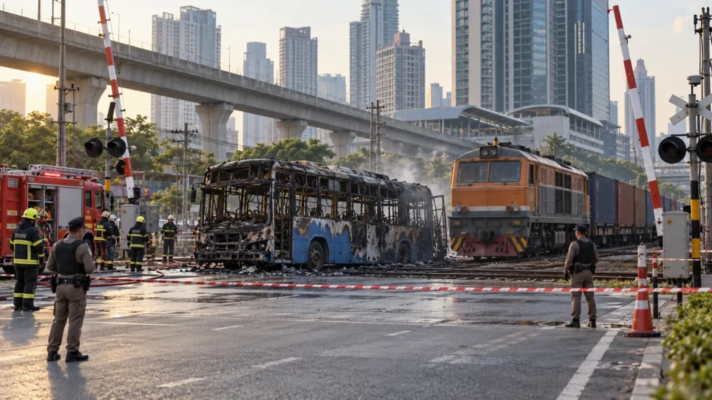 AI-generated editorial illustration of a burnt-out city bus beside a railway level crossing in central Bangkok, with a stopped freight locomotive, raised barrier arms, firefighters and a police cordon in late-afternoon haze; not an incident photograph.