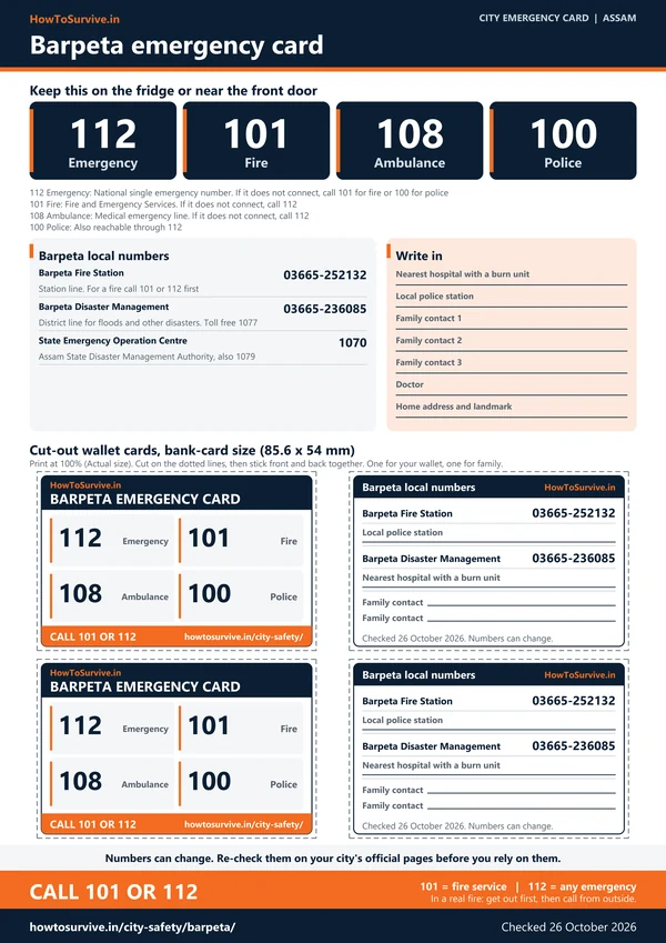 Printable Barpeta emergency card: A4 sheet with national and local emergency numbers and cut-out wallet cards
