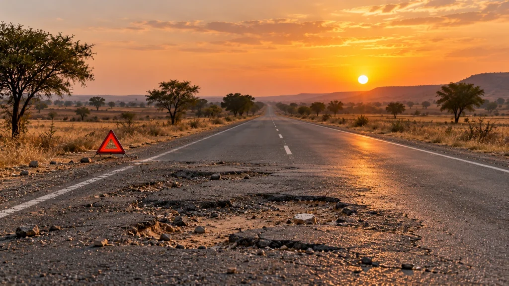 AI-generated editorial illustration of an empty rural Maharashtra highway at dusk with a pothole-damaged patch and a roadside warning triangle; not an incident photograph.
