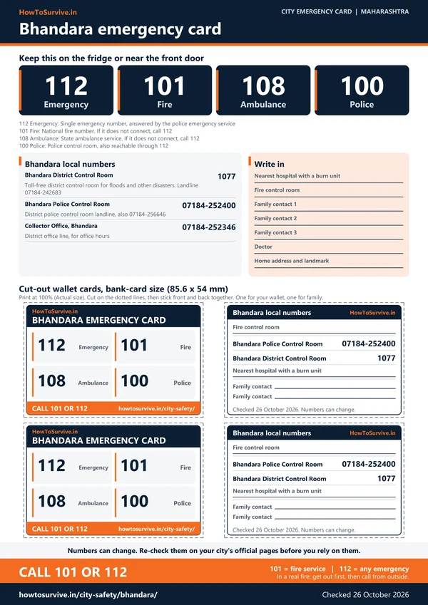 Printable Bhandara emergency card: A4 sheet with national and local emergency numbers and cut-out wallet cards