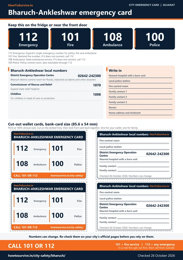 Printable Bharuch-Ankleshwar emergency card: A4 sheet with national and local emergency numbers and cut-out wallet cards