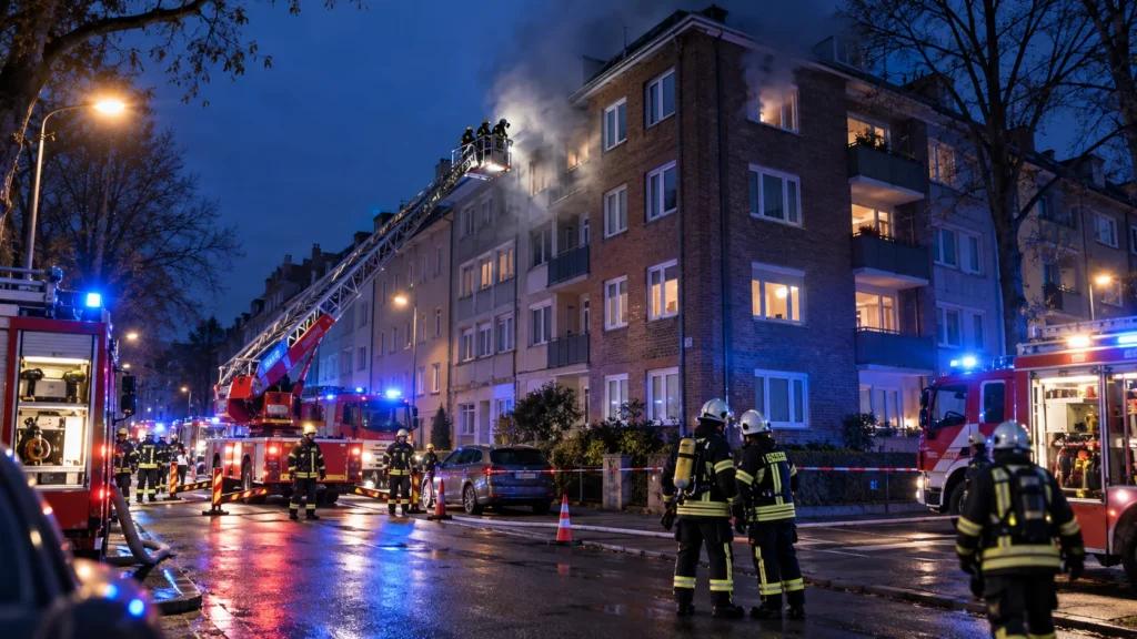 AI-generated editorial illustration of firefighters responding to an apartment fire; not a photograph of the Bochum-Hofstede incident.