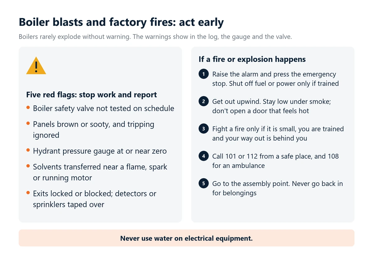 Infographic: five red flags to stop work and report, such as an untested boiler safety valve or a hydrant gauge near zero, and what to do if a fire or explosion happens: raise the alarm, get out upwind, call 101 or 112 and go to the assembly point.