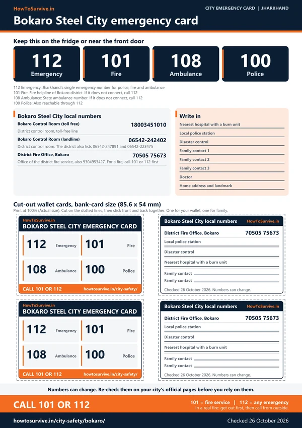 Printable Bokaro Steel City emergency card: A4 sheet with national and local emergency numbers and cut-out wallet cards