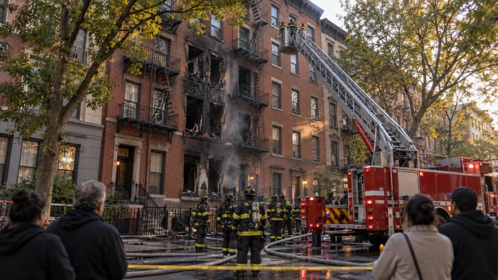 AI-generated editorial illustration of firefighters and a tower-ladder truck outside a fire-damaged five-storey brick apartment building with blown-out windows and fire escapes in a New York neighbourhood, with smoke clearing; not an incident photograph.