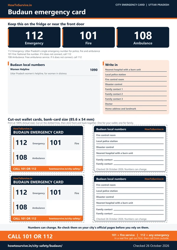 Printable Budaun emergency card: A4 sheet with national and local emergency numbers and cut-out wallet cards