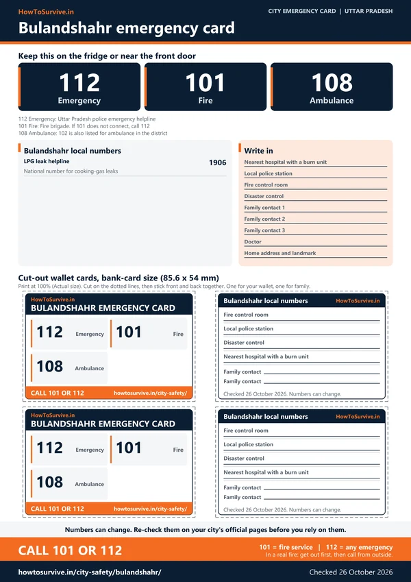 Printable Bulandshahr emergency card: A4 sheet with national and local emergency numbers and cut-out wallet cards