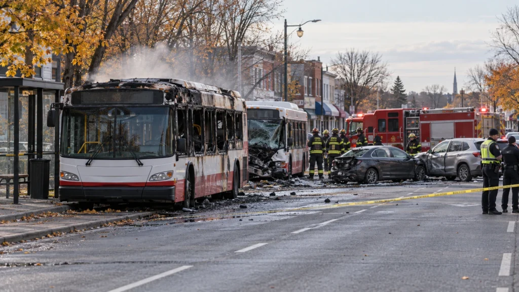 AI-generated editorial illustration of a fire-damaged city transit bus at a suburban bus stop in autumn, with firefighters, a police cordon and other damaged vehicles on the road; not an incident photograph.