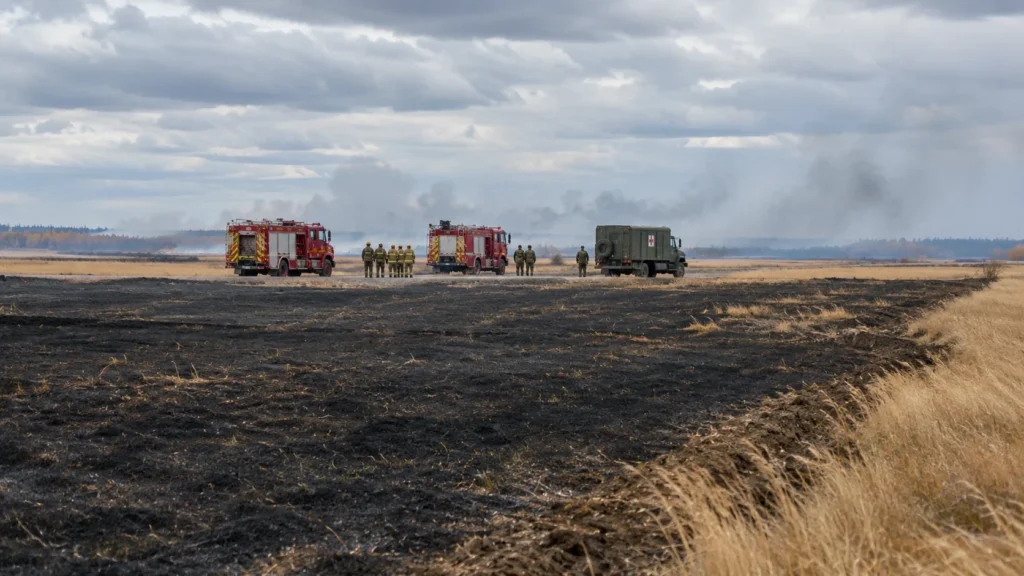 AI-generated editorial illustration of a burnt prairie training range at a Canadian military base under a windy grey sky, with fire engines and a military ambulance on a gravel track and thin smoke drifting in the distance; not an incident photograph.