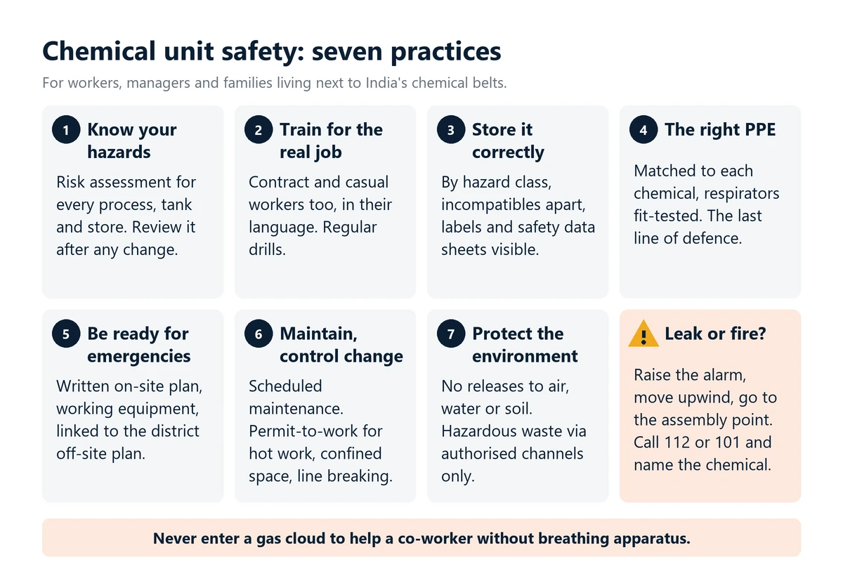 Infographic: seven safety practices for a chemical unit, from hazard assessment, training and correct storage to PPE, emergency plans, maintenance and environmental protection, plus what to do in a leak or fire: alarm, upwind, assembly point, 112 or 101.