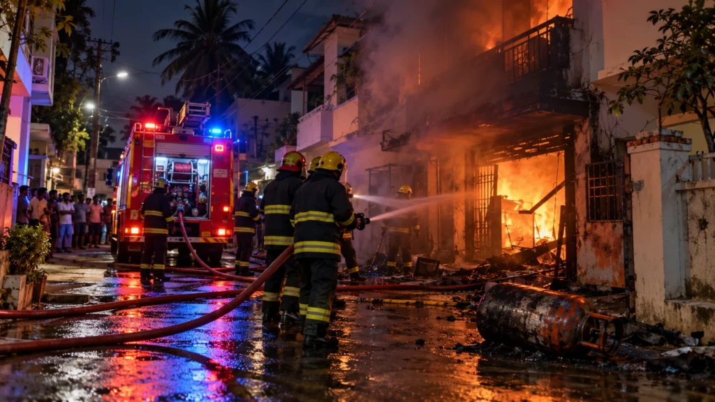 AI-generated editorial illustration of firefighters hosing a burning house beside a fire tender on a wet residential street at night; not a photograph of the Chennai incident.