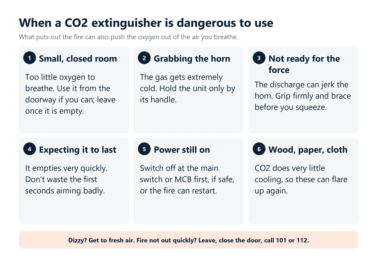 Infographic: six situations where a CO2 fire extinguisher is dangerous to use, from a small closed room and frost burns from the horn to the power still being on and burning wood or paper that can flare up again, with what to do if you feel dizzy.