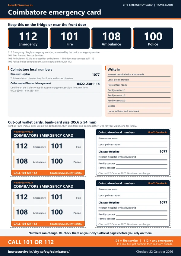 Printable Coimbatore emergency card: A4 sheet with national and local emergency numbers and cut-out wallet cards