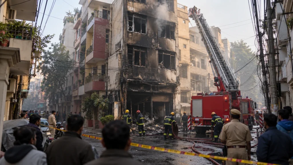 AI-generated editorial illustration of firefighters rolling up hoses beside a fire engine in a crowded South Delhi lane, below a narrow five-storey guest house with blackened windows and a burnt ground-floor shopfront; not an incident photograph.