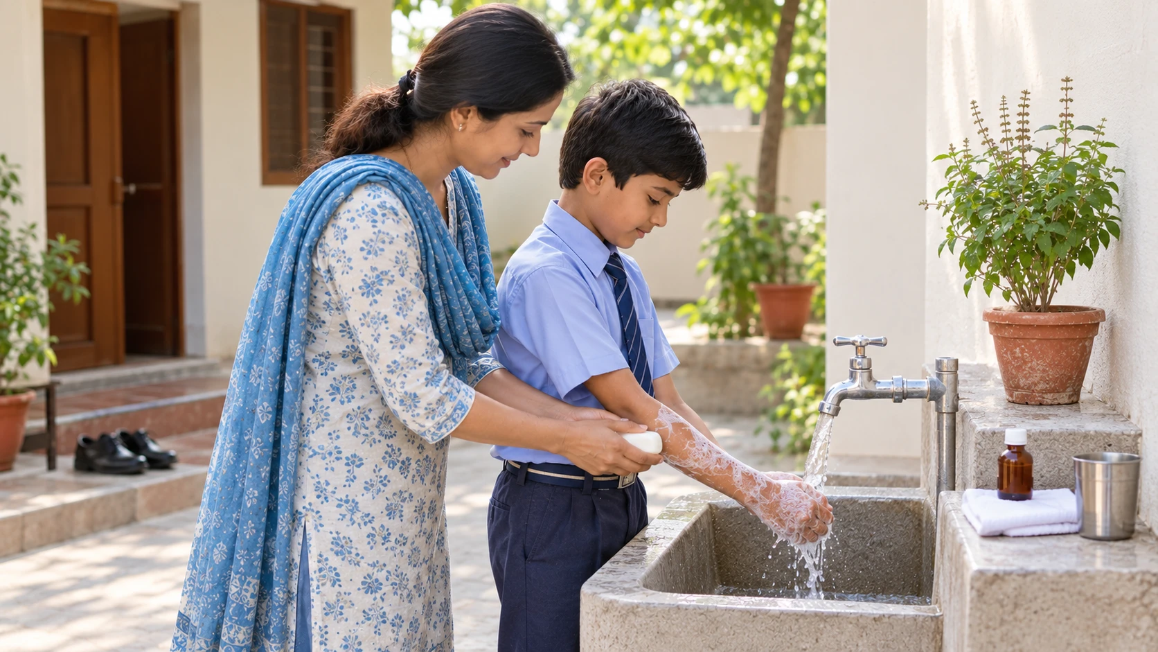 AI-generated editorial illustration of an Indian mother helping her school-age child wash a forearm with soap under a running tap in a clean home courtyard, with a bottle of antiseptic on the ledge; no wound is shown; not an incident photograph.