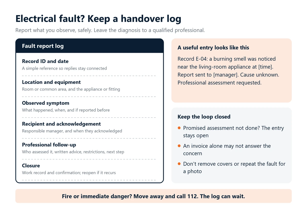 Infographic: an electrical fault handover log with six fields, from record ID and observed symptom to professional follow-up and closure, an example entry, and a reminder to move away and call 112 if there is fire or immediate danger.