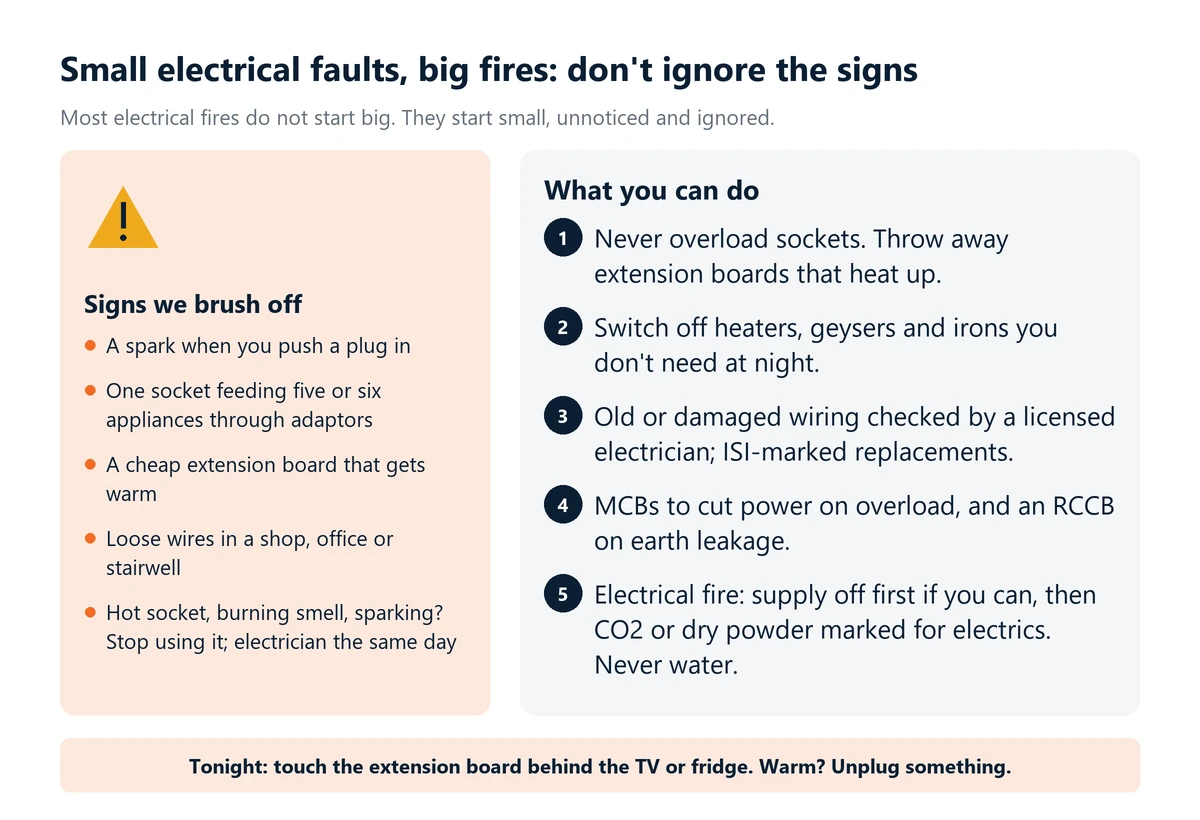Infographic: small electrical warning signs such as sparking plugs, overloaded adaptors and warm extension boards, and what to do: no overloading, licensed electrician, ISI-marked parts, MCB and RCCB, and never water on live electrics.