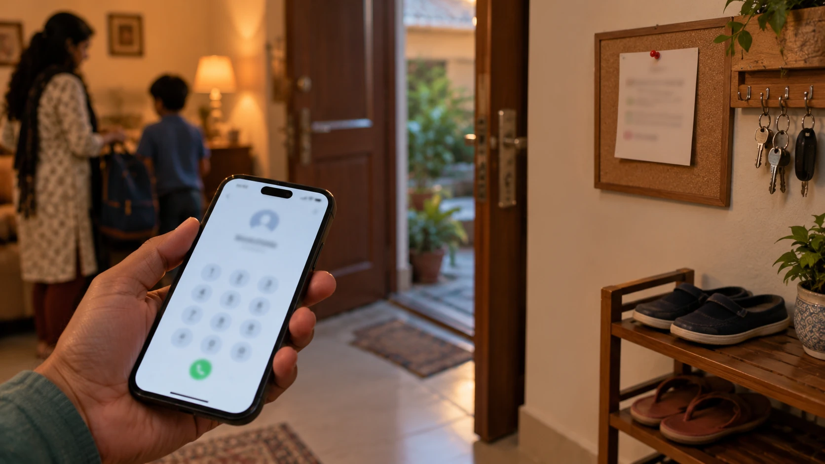 AI-generated editorial illustration of a hand holding a mobile phone with the dial pad open, beside a small printed card of emergency numbers pinned near a front door in an Indian home; not an incident photograph.