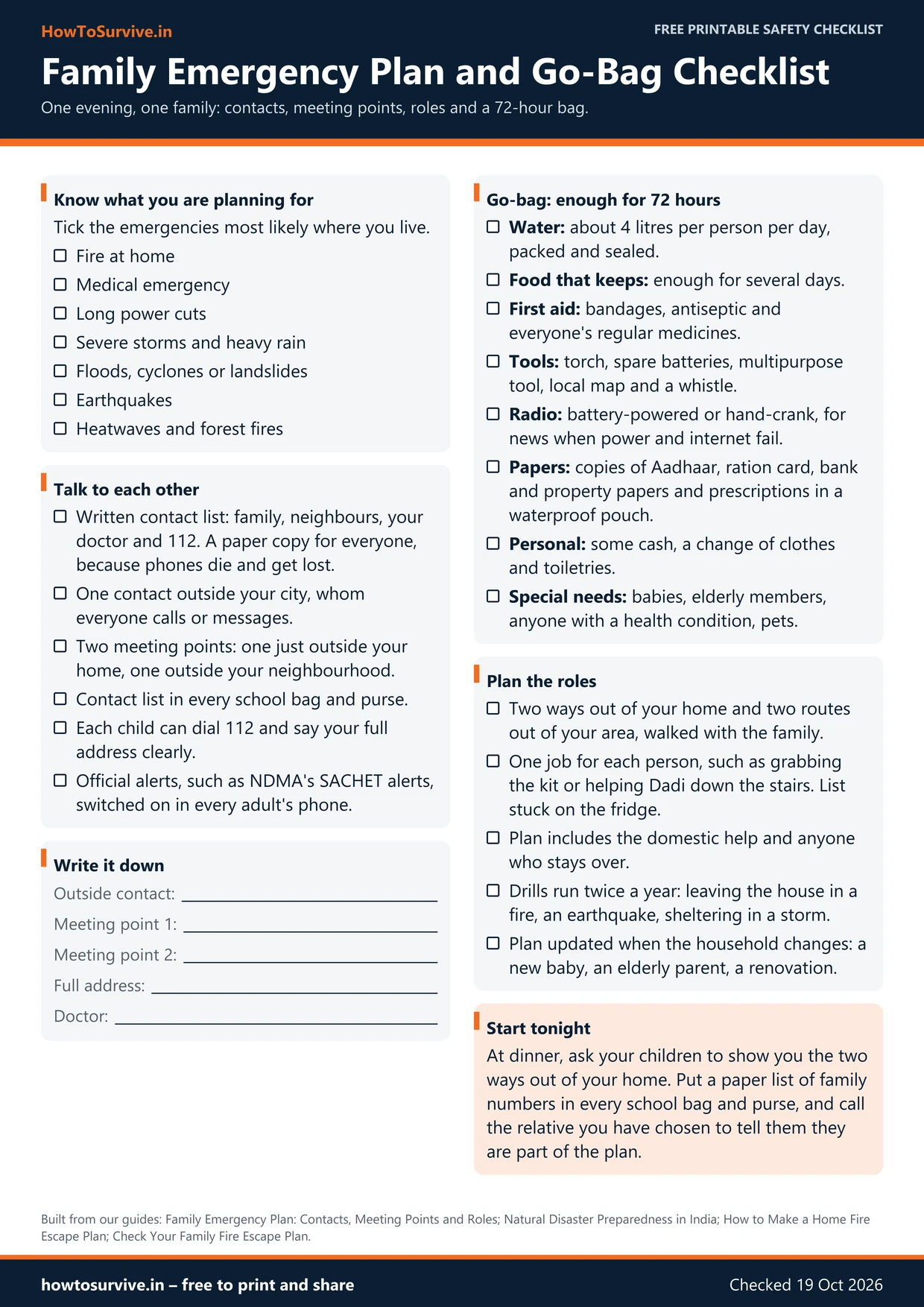 Preview of the family emergency plan and go-bag checklist, an A4 sheet with tick-boxes for contacts, meeting points, roles and a 72-hour go-bag, and lines to write names and addresses.