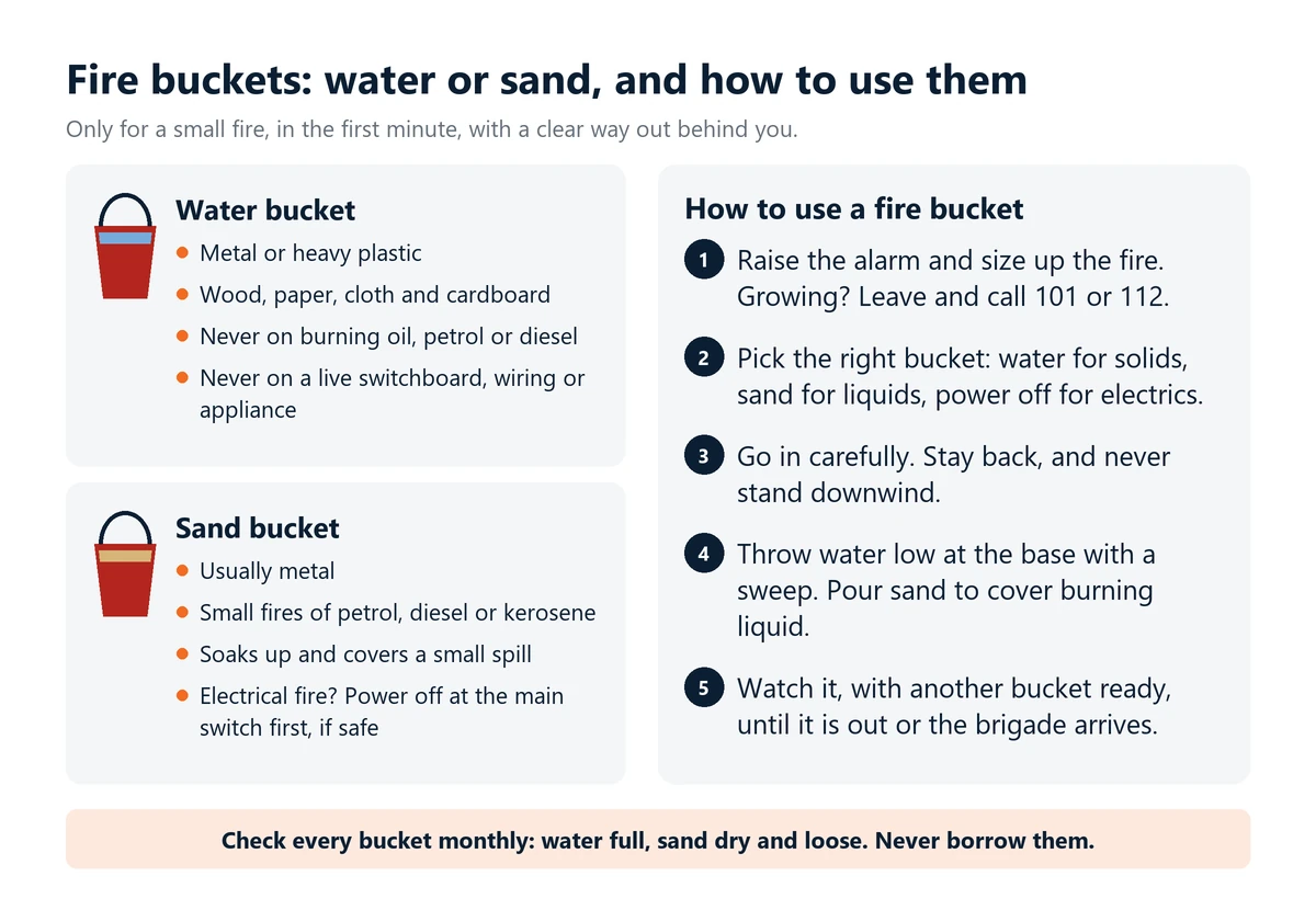 Infographic: when to use a water or a sand fire bucket, never water on burning oil or live electrics, five steps to use a bucket on a small fire, calling 101 or 112 if it is growing, and a monthly check that buckets are full and dry.