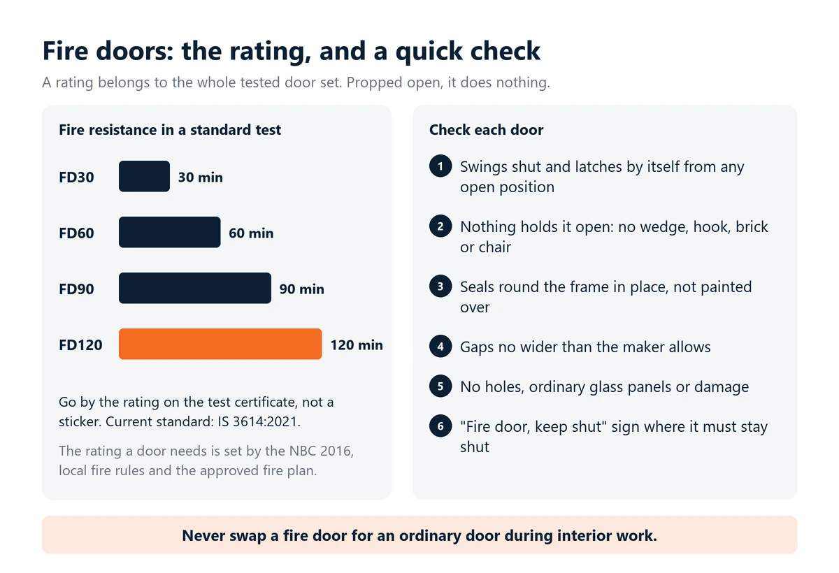 Infographic: fire door ratings FD30, FD60, FD90 and FD120 drawn as 30 to 120 minutes of fire resistance, with a six-point door check: it closes and latches by itself, nothing props it open, seals and gaps are right and there is no damage.