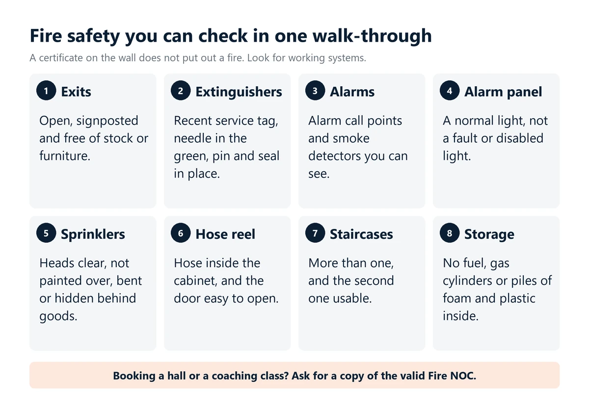 Infographic: eight fire safety checks anyone can make in a building: clear exits, serviced extinguishers, visible alarms, a normal alarm panel, clear sprinkler heads, a hose in the reel, a usable second staircase and no fuel stored inside.