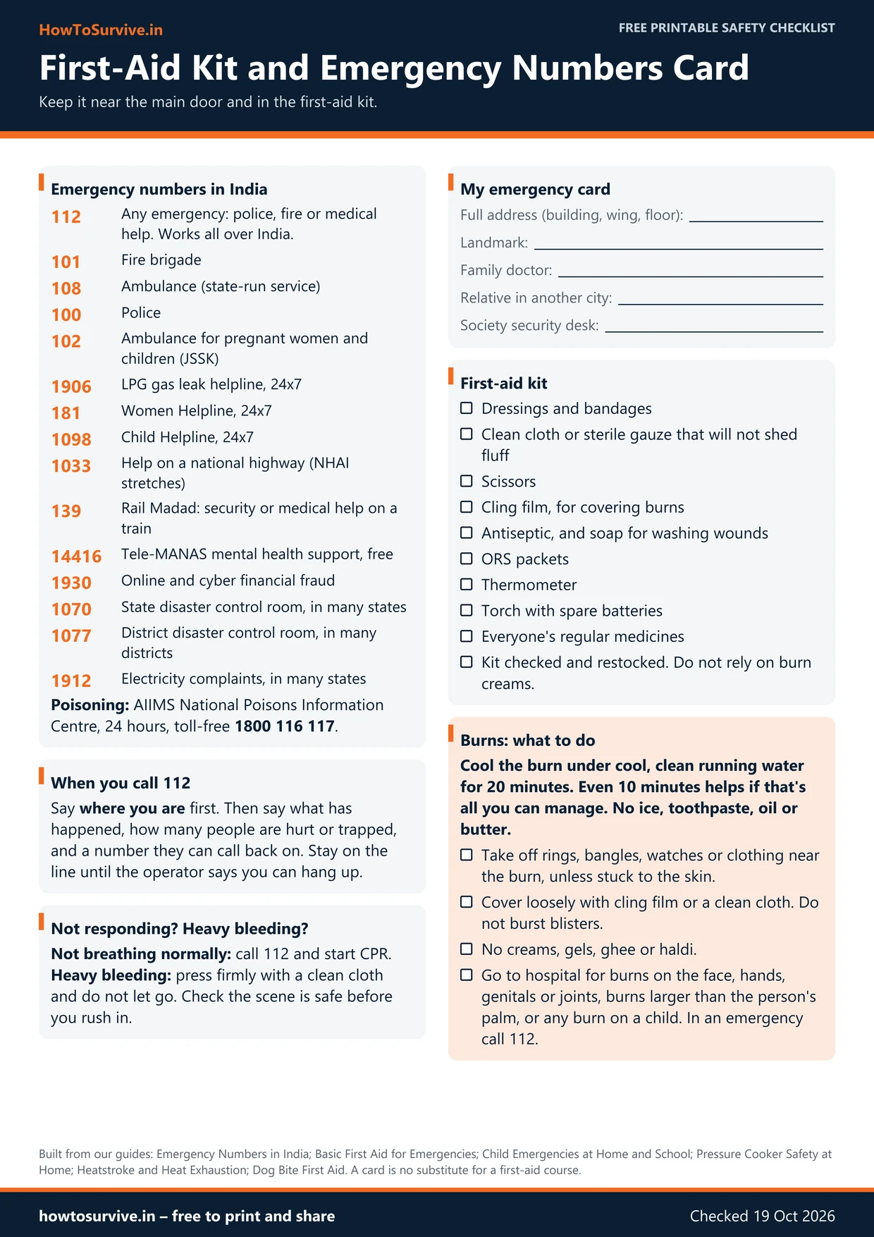 Preview of the first-aid kit and emergency numbers card, an A4 sheet listing emergency numbers in India, a first-aid kit checklist, a burns box and lines to write your address and contacts.