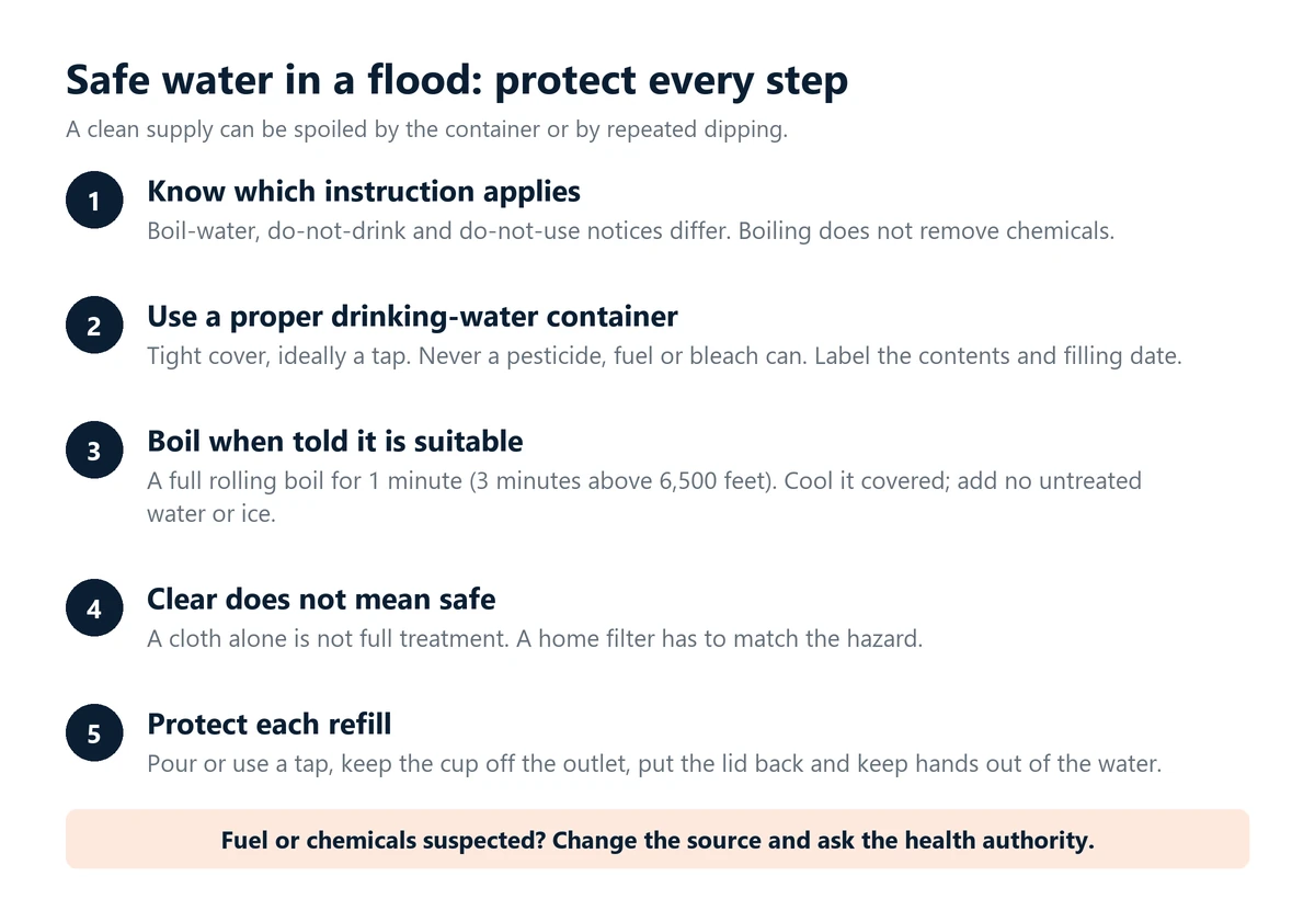Infographic: five steps for safe water during a flood. Know which notice applies, use a covered drinking-water container, boil for one minute when told it is suitable, remember clear water is not proof of safety, and protect each refill.